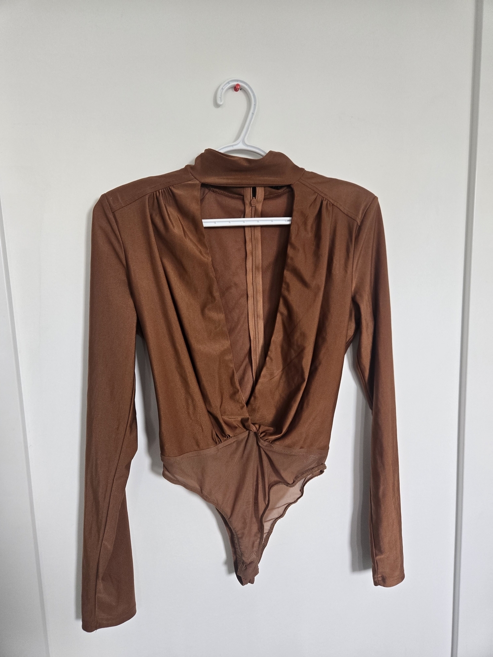 Fashion Nova Burnt Orange Long Sleeve Twist-Front Bodysuit